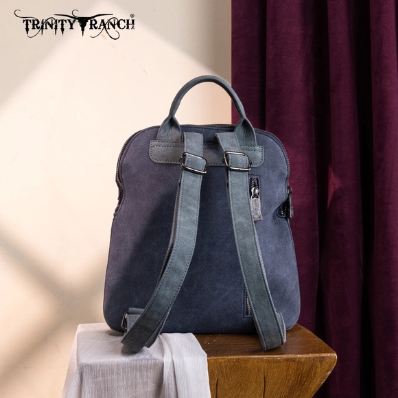 Trinity Ranch Aztec Tooled Fringe Concealed Carry Backpack Navy - Picture 5 of 5